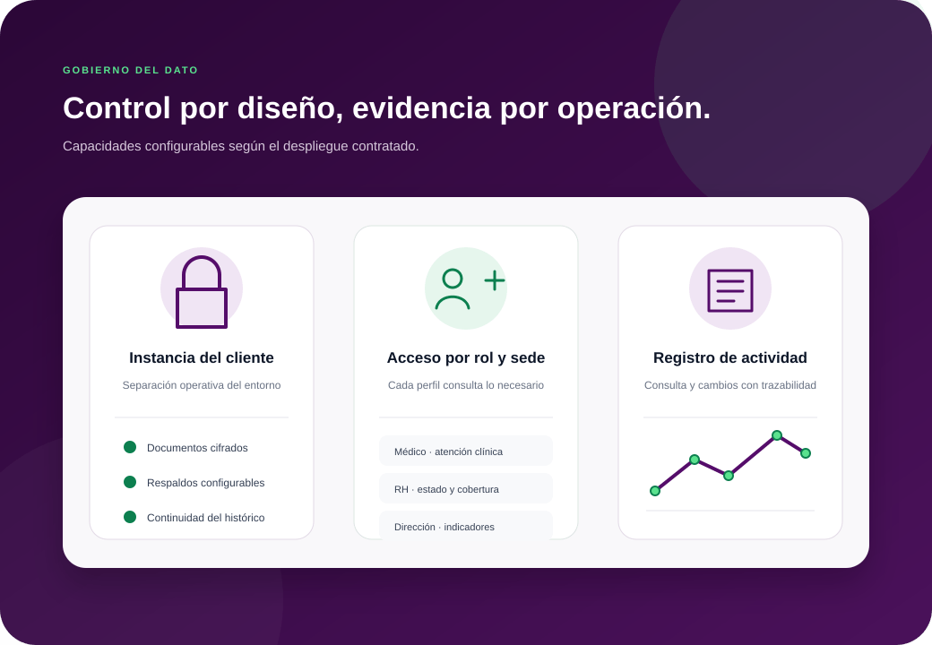 Arquitectura ilustrativa con instancia del cliente, acceso por rol y registro de actividad
